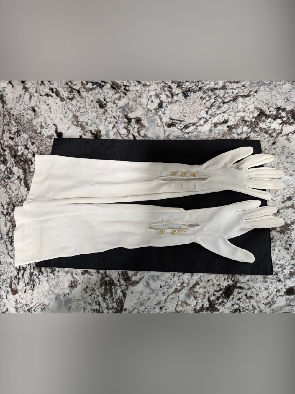 Vintage Ivory Opera Gloves with Pearl Gold Button Accents